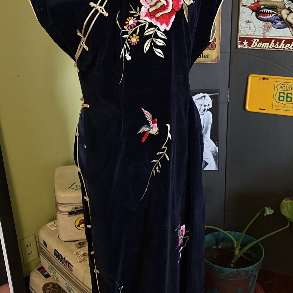 Embroidered Velvet Dress with Floral Design